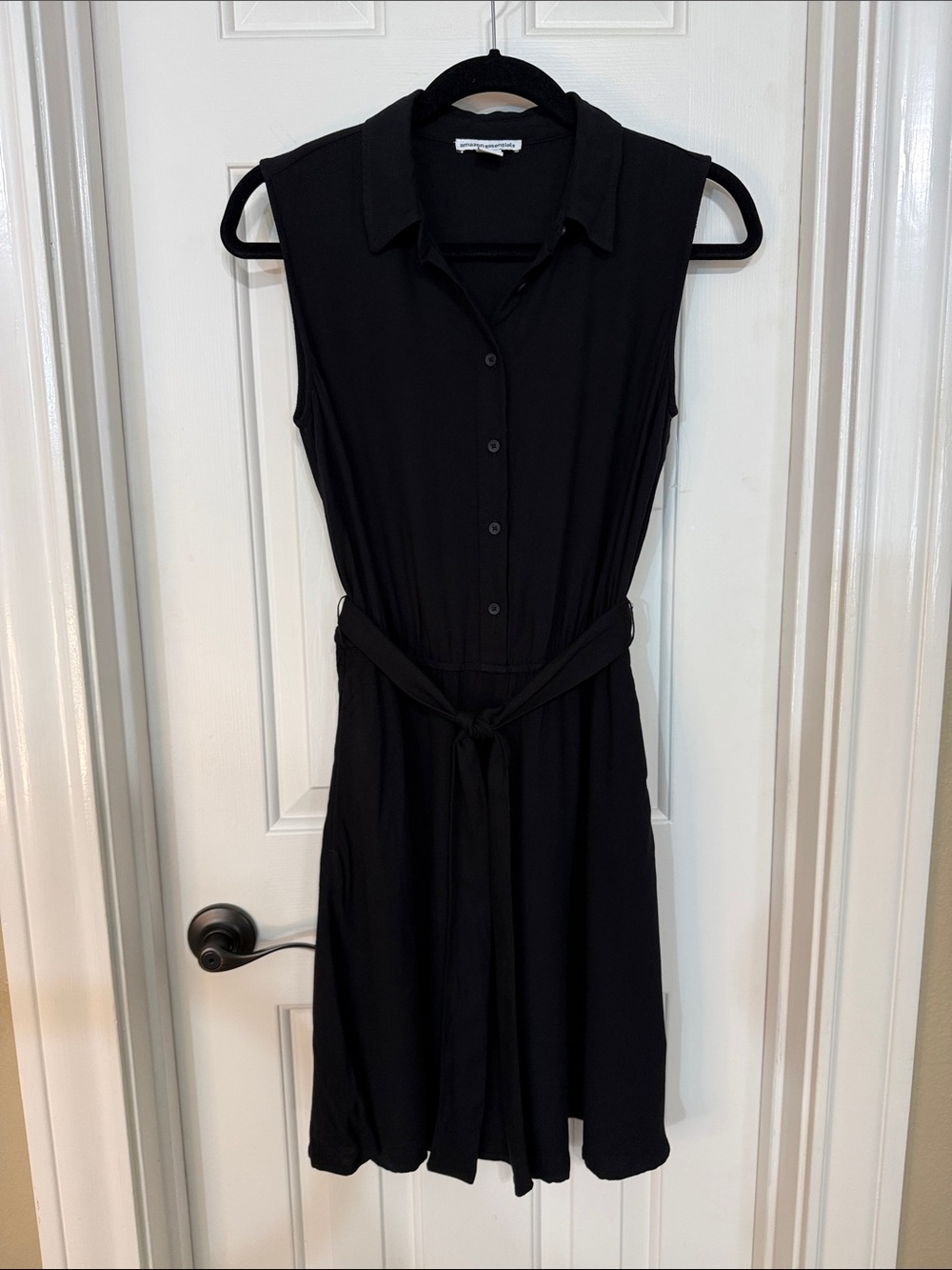 Sleeveless Black Midi Shirt Dress with Self-Tie Waist